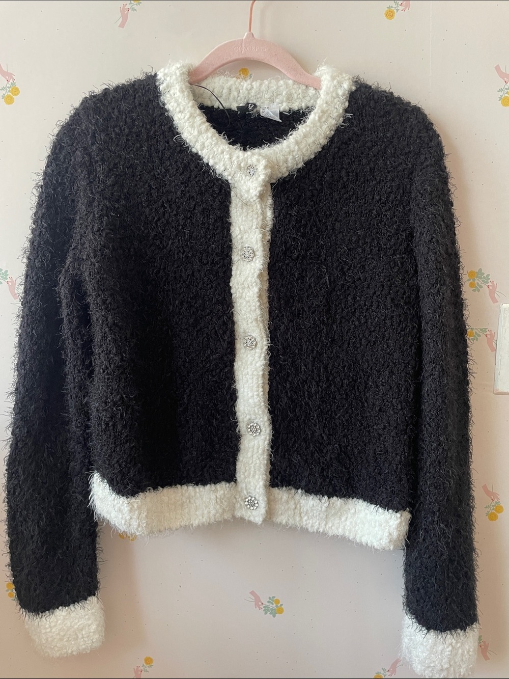 H&M Black and White Fuzzy Button-Front Cardigan